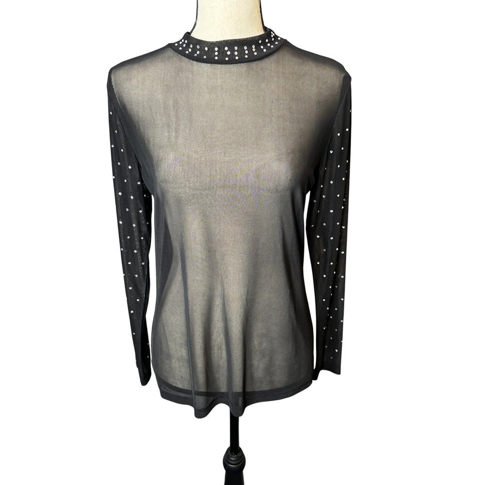 Sterling Kreek Women Black Sheer Rhinestone Mock Neck Long Sleeve Top Medium NWT